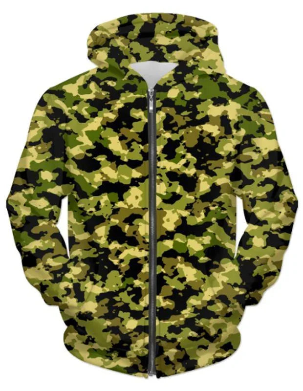Green yellow black camouflage zip-up hoodie with hood and front pockets