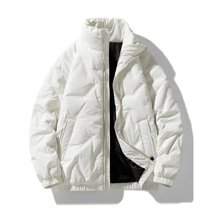 White puffer jacket with zipper and high collar on white background