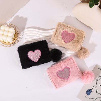 Light Gray Plush Coin Purse Love Embroidered Zipper