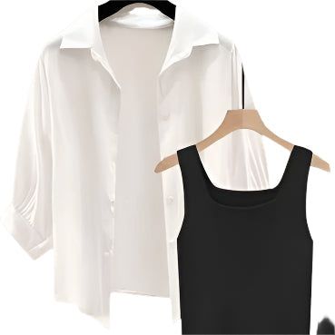 2 piece outfit Black Two pieces Suit Women’s Versatile Shirt, Vest & Wide-Leg Pants Suit – Slim Fit & Elegant Style Fashique Fusion
