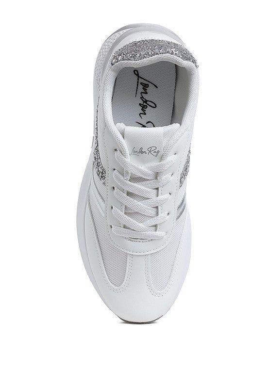 White mesh sneaker with silver glitter detail, lace-up design, and London Rag branding