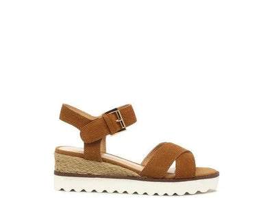 Brown suede wedge sandal with buckle ankle strap and white platform sole