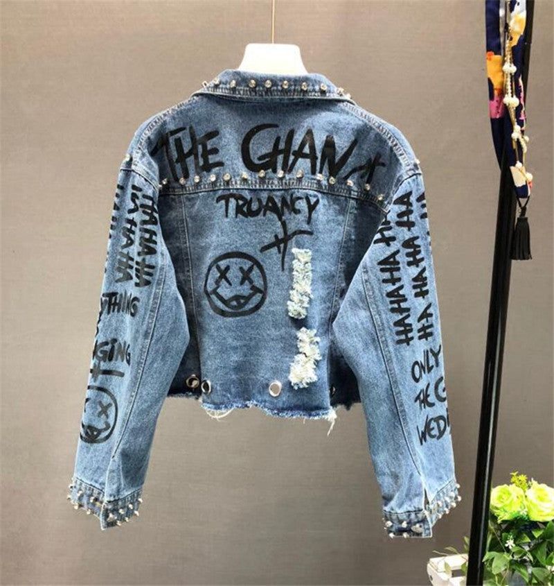 denim Denim Blue One size Women's Fashion Diamond Beads Graffiti Denim Jacket Fashique Fusion