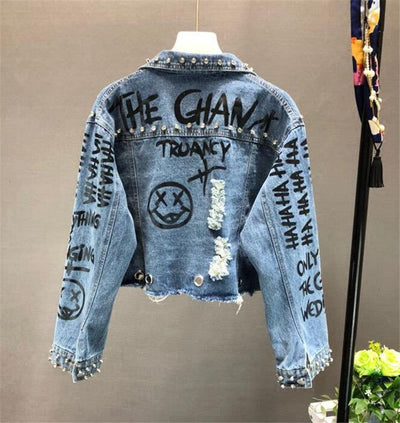 denim Denim Blue One size Women's Fashion Diamond Beads Graffiti Denim Jacket Fashique Fusion