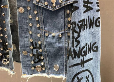 denim Women's Fashion Diamond Beads Graffiti Denim Jacket Fashique Fusion