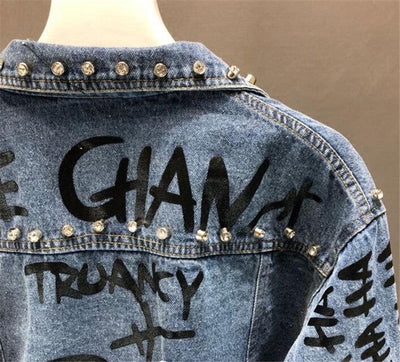 denim Women's Fashion Diamond Beads Graffiti Denim Jacket Fashique Fusion