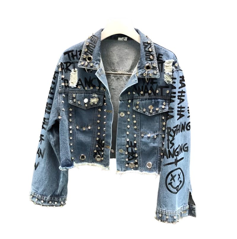 denim Women's Fashion Diamond Beads Graffiti Denim Jacket Fashique Fusion