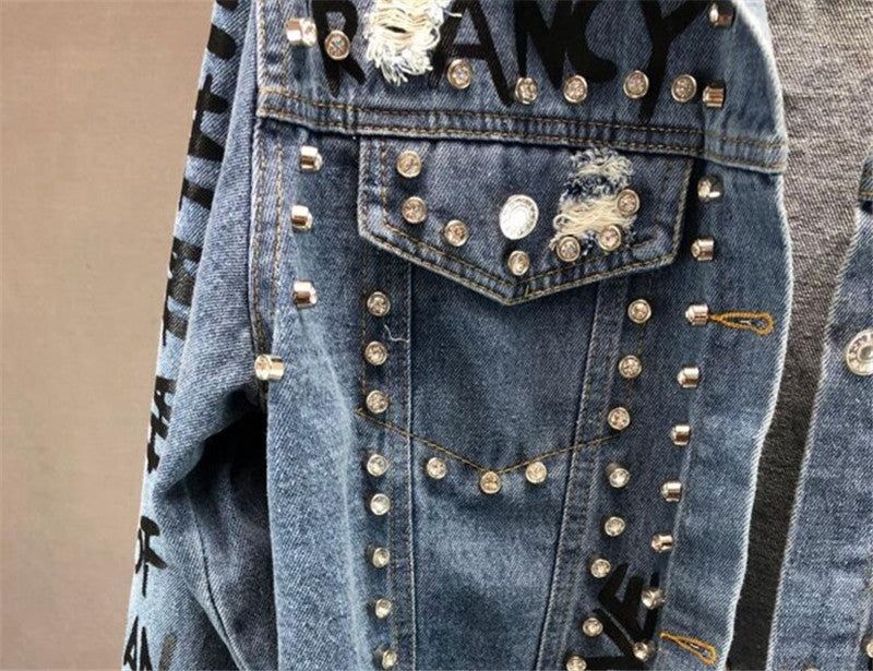 denim Women's Fashion Diamond Beads Graffiti Denim Jacket Fashique Fusion
