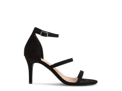 Black suede strappy high heel sandal with ankle buckle, women's dress shoe