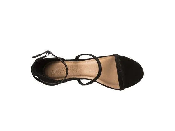 Black strappy sandal with ankle strap, open toe, and nude insole, top view.