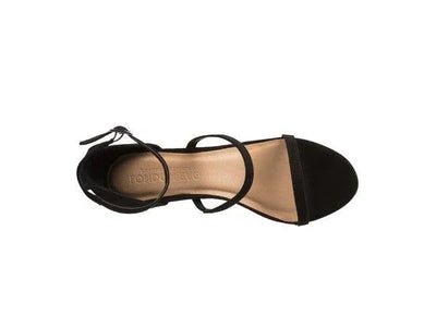 Black strappy sandal with ankle strap, open toe, and nude insole, top view.