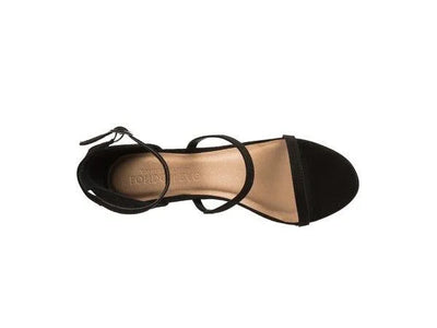 Black open-toe sandal with ankle strap on white background, women's dress shoe