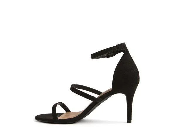 Black suede strappy high heel sandal with ankle strap on white background