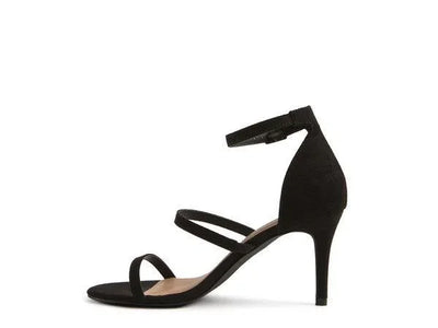 Black suede strappy high heel sandal with ankle strap on white background