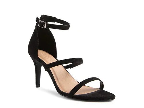 Black suede strappy high heel sandal with ankle strap on white background