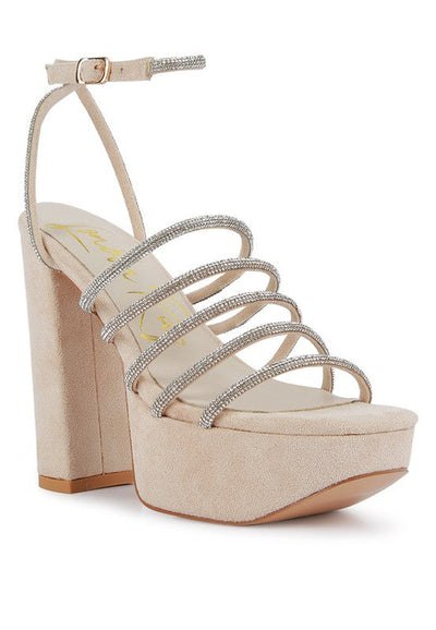 Heels Nude Tricks Sandals - Rhinestone Block Heels fashique fusion