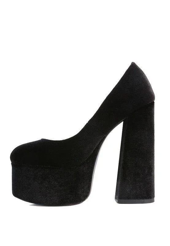 Black velvet platform high heel pump with chunky block heel on white background