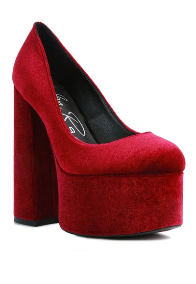 Red velvet platform high heel pump with chunky block heel, women's fashion shoe
