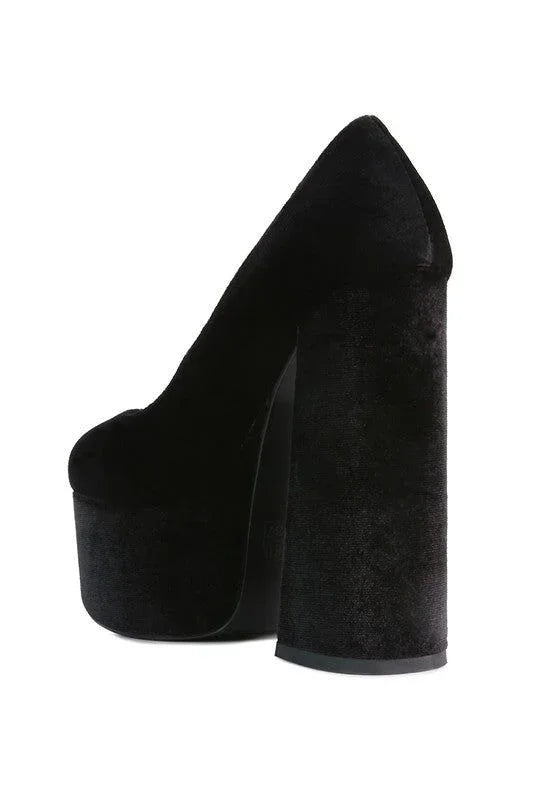 Black velvet platform high heel shoe with chunky block heel on white background