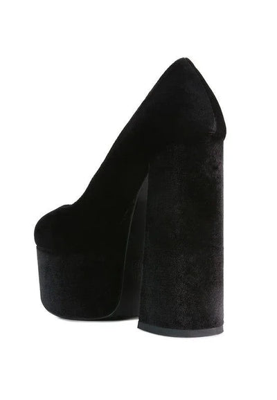 Black velvet platform high heel shoe with chunky block heel on white background