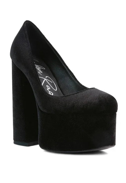 Black velvet platform high heel pump with chunky block heel on white background