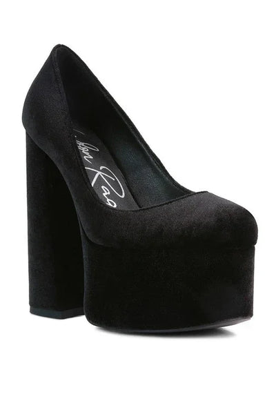 Black velvet platform high heel pump with chunky block heel on white background