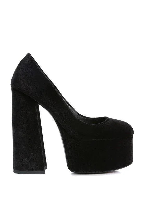 Black velvet platform high heel shoe with chunky block heel on white background