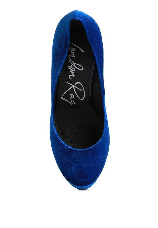 Blue velvet ballet flat shoe with London Rag branding, top view on white background