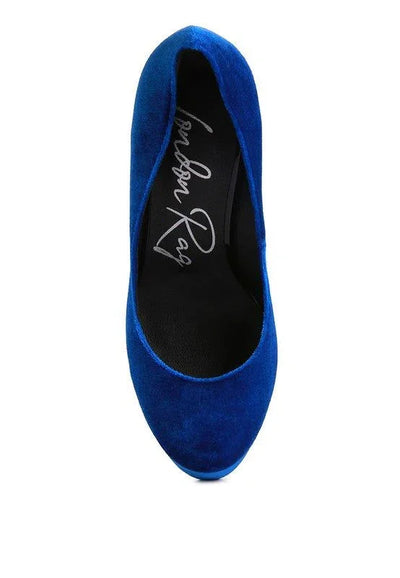 Blue velvet ballet flat shoe with London Rag branding, top view on white background
