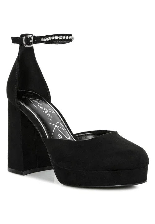 Black suede platform heel with ankle strap and rhinestone buckle, women's block party shoe