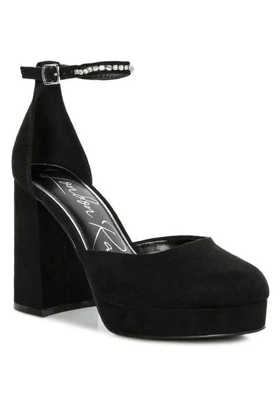 Black suede platform heel with ankle strap and rhinestone buckle, women's block party shoe