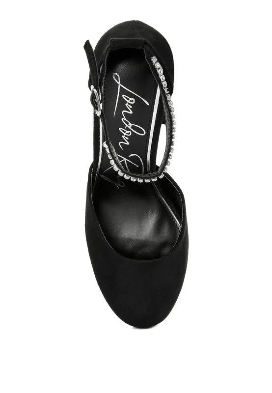 Black suede women's heel with crystal ankle strap and London Rebel insole logo