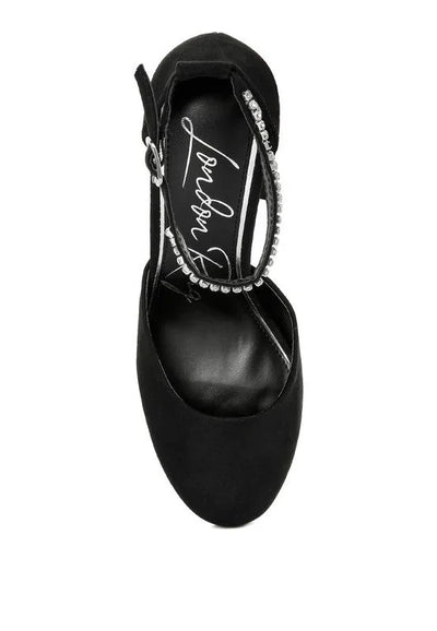 Black suede women's heel with crystal ankle strap and London Rebel insole logo