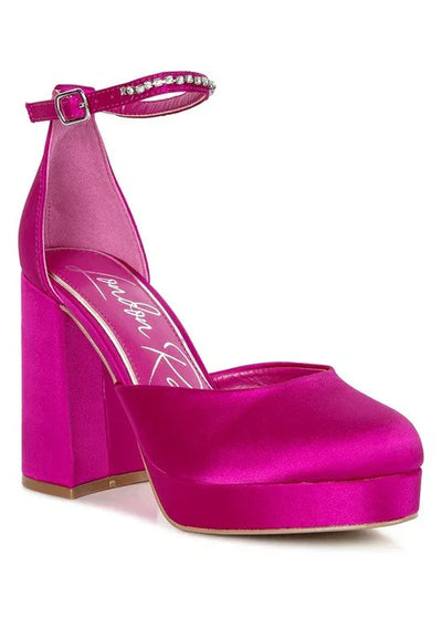 Hot pink satin platform heel with rhinestone ankle strap and chunky block heel