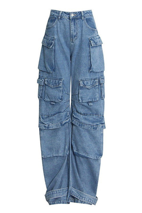 jeans Blue Cargo Baggy Pants - High Waisted Stylish Fit | Multi Pockets fashique fusion