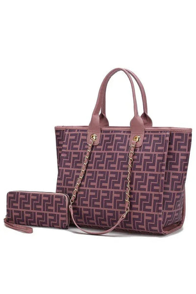 Mauve and brown geometric patterned tote bag with matching wallet and gold chain strap