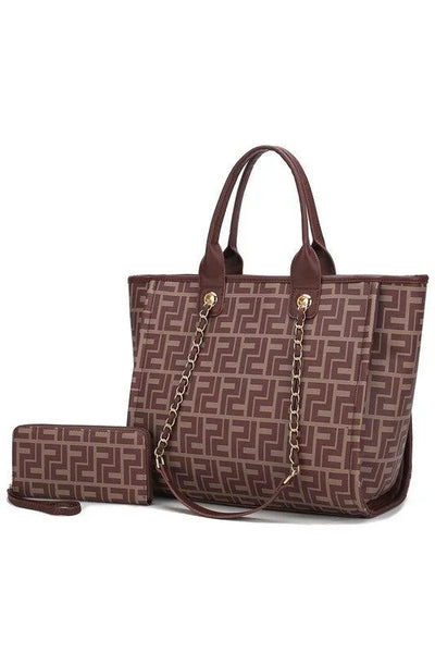Brown geometric pattern tote bag with gold chain handles and matching wallet on white background