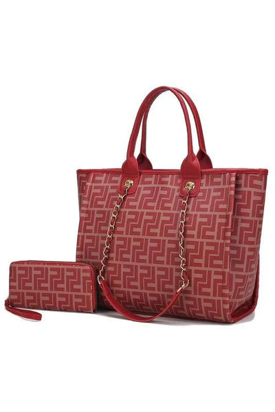 Red geometric pattern tote bag with chain handles and matching wallet set