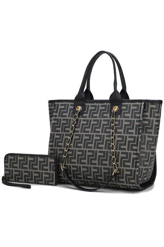 Geometric pattern tote bag with gold chain handles and matching zippered wallet