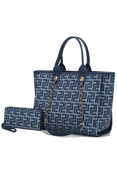 Blue geometric pattern tote bag with gold chain handles and matching wallet set
