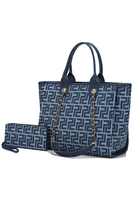 Blue geometric patterned tote bag with gold chain handles and matching wallet