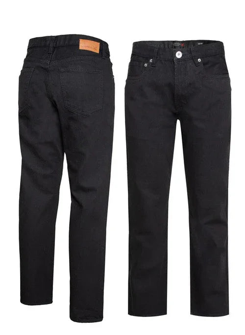Black straight leg jeans with front and back pockets, displayed front and back views
