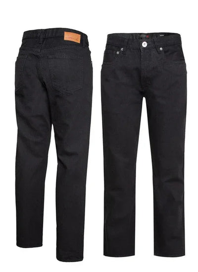 Black straight leg jeans with front and back pockets, displayed front and back views