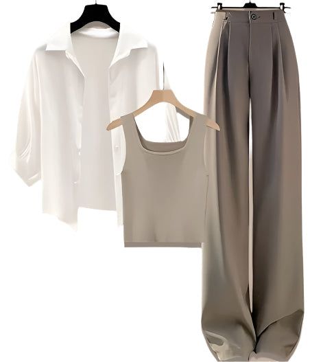 2 piece outfit Women’s Versatile Shirt, Vest & Wide-Leg Pants Suit – Slim Fit & Elegant Style Fashique Fusion