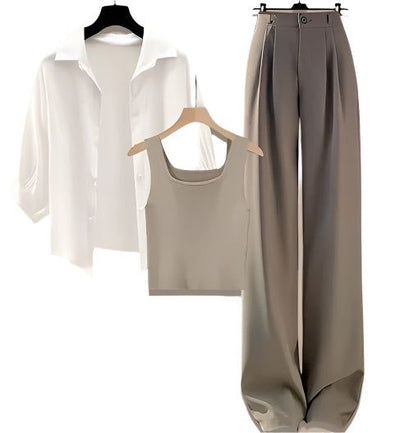 2 piece outfit Women’s Versatile Shirt, Vest & Wide-Leg Pants Suit – Slim Fit & Elegant Style Fashique Fusion