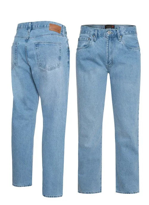 Light blue straight-leg jeans, classic five-pocket style, front and back view
