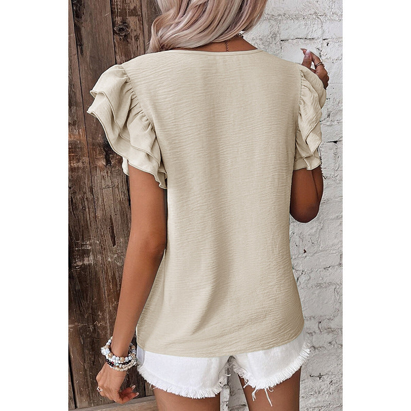 Gray Summer Solid Color Petal Sleeve Pullover Women