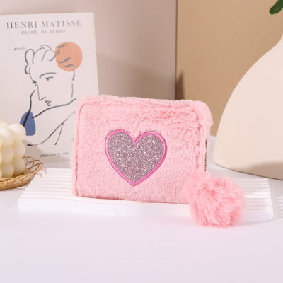 Light Gray Plush Coin Purse Love Embroidered Zipper