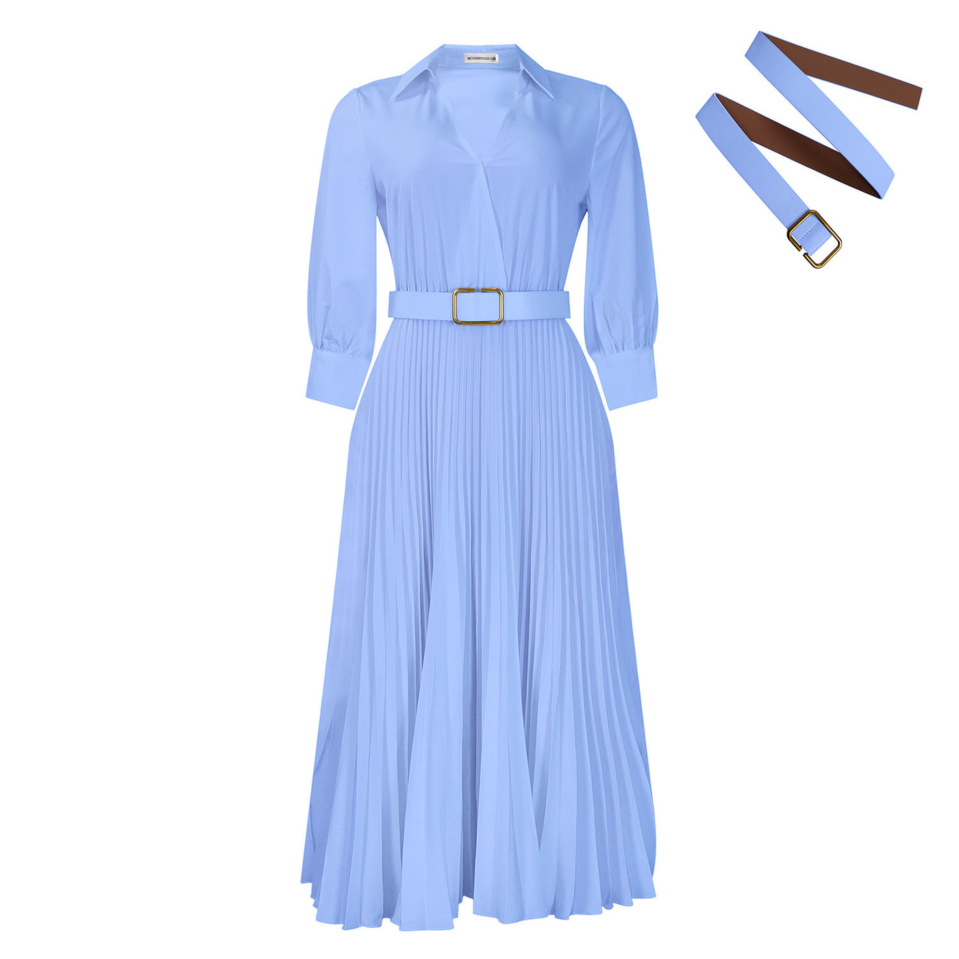 Light Steel Blue Long Pleated Dress Fashion V-neck Women