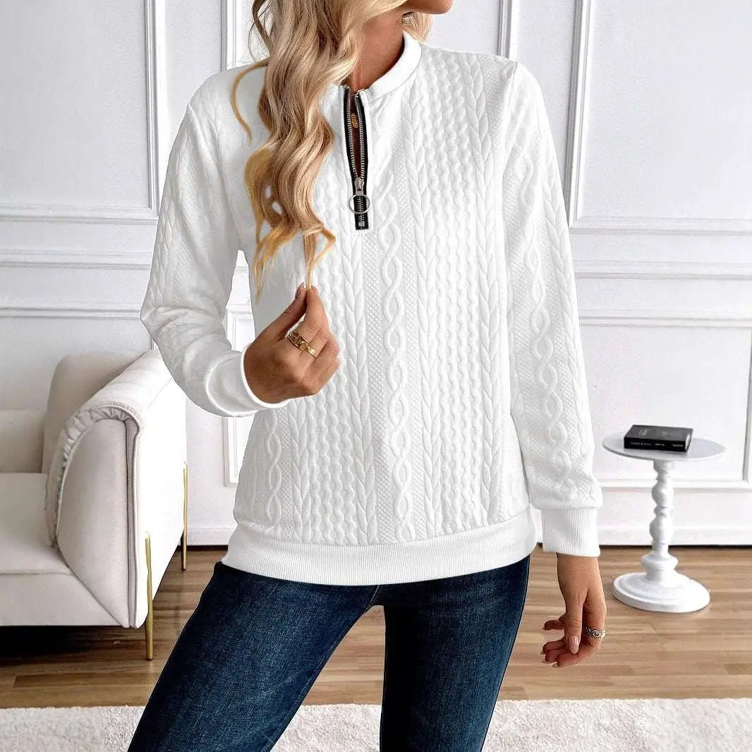 Light Gray Women's Loose Casual Pullover Half Zipper Long Sleeve Solid Color Texture Round Neck Hoodie For Women